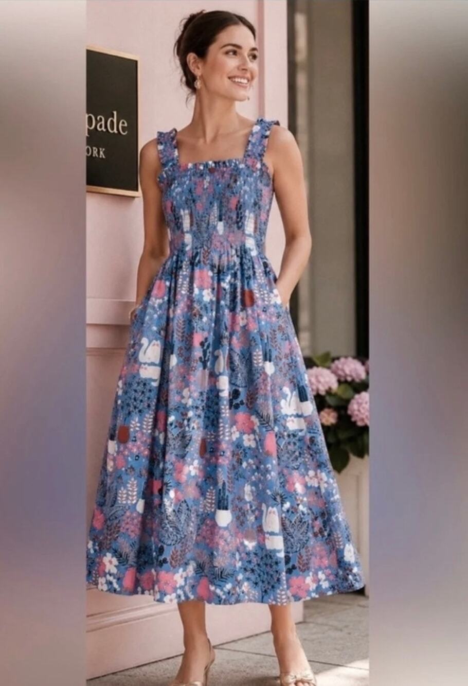 Kate Spade Midi Dress Blue Garden Party Smocked Bust Cotton size Medium